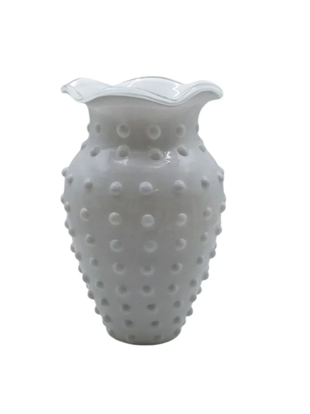 Hand Blown Glass Vase White Hobnail Textured Ruffled Studio Art Retro Vintage